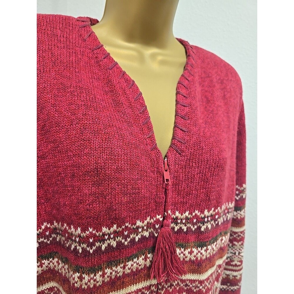 Tiara Red Fair Isle Full Zip Cardigan Sweater Womens Small Tassel Cottage Alpine